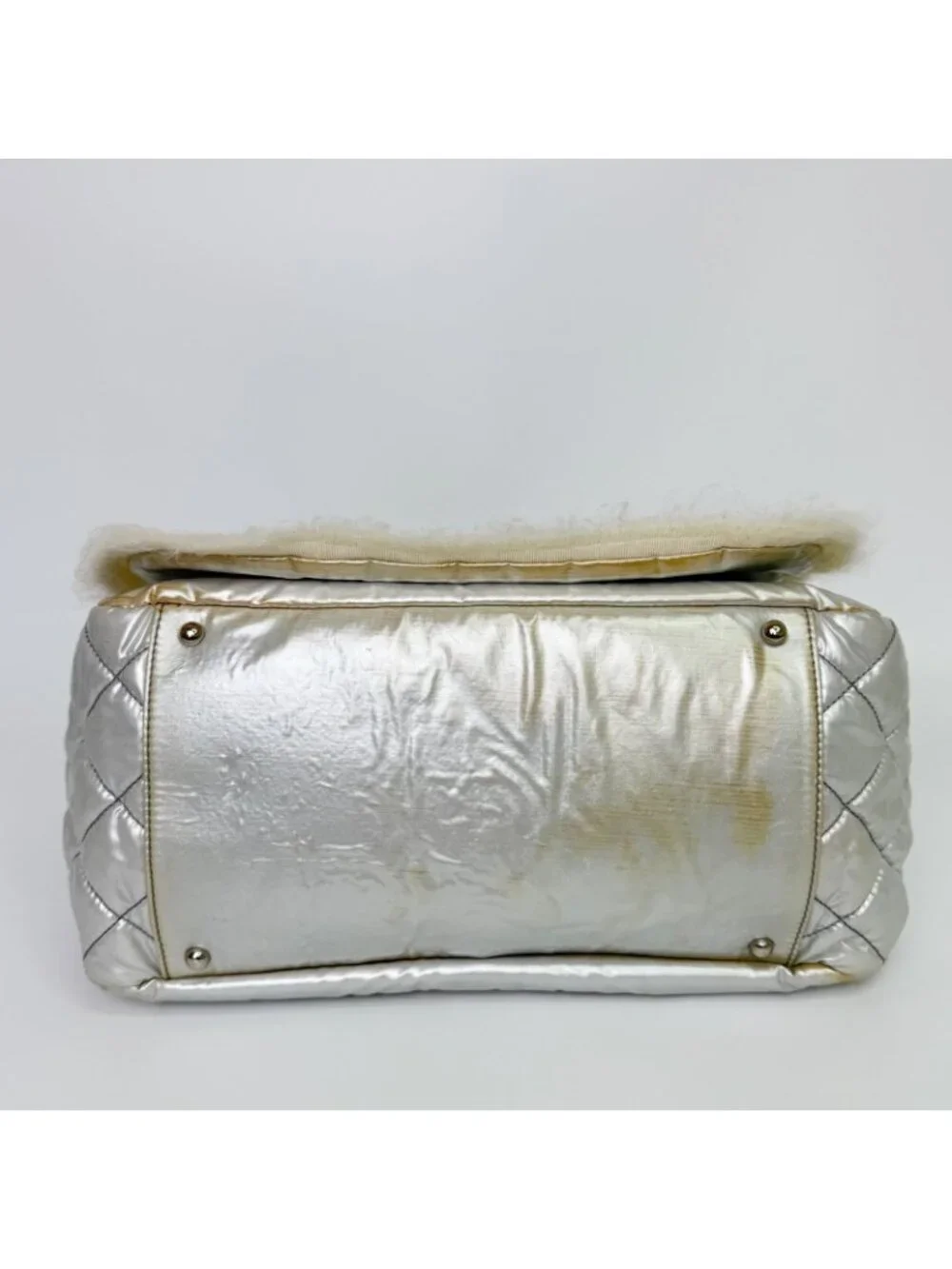 Chanel CC Logo Chain Tote Shoulder Bag Nylon Silver Ivory Seal Vintage